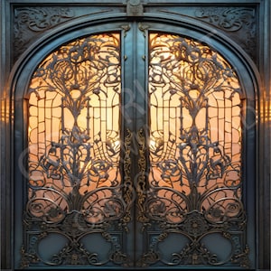May include: A pair of ornate, dark blue double doors with intricate gold metalwork and frosted glass panels. The doors are illuminated from behind, creating a warm glow.