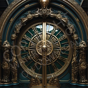 May include: A large, ornate, circular door with a gold and green design. The door is made of metal and has an intricate pattern of spokes and circles. The door is set in a dark green frame.