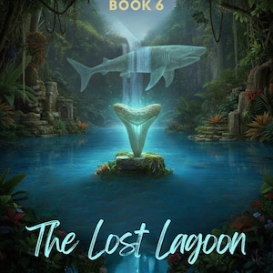 May include: Book cover for "The Shark Tooth Chronicles: Book 6" showing a shark tooth sculpture in a lagoon. A shark is above the tooth, with water cascading down. The title "The Lost Lagoon" is written in cursive.