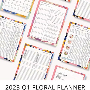 May include: A floral planner with a pink, yellow, and blue design. The planner includes a monthly calendar, weekly habit tracker, to-do list, daily nutrition tracker, and schedule tracker. The planner is for the first quarter of 2023.