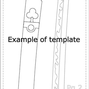 May include: Black and white line drawing of a template for a page in a coloring book. The template features a tree, a circle, and a wavy line. The text "Example of template" and "Pg. 2" are included in the image.