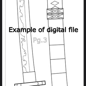 May include: Black and white line drawing of two swords, one with a decorative hilt and the other with a decorative blade. The text "Example of digital file" and "Pg. 3" is visible in the image.