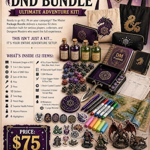 May include: A comprehensive Dungeons & Dragons bundle with 52 items, including dice, miniatures, a DM planner, and tote bags. The kit features a dragon graphic and the text "Master DND Bundle Ultimate Adventure Kit!"