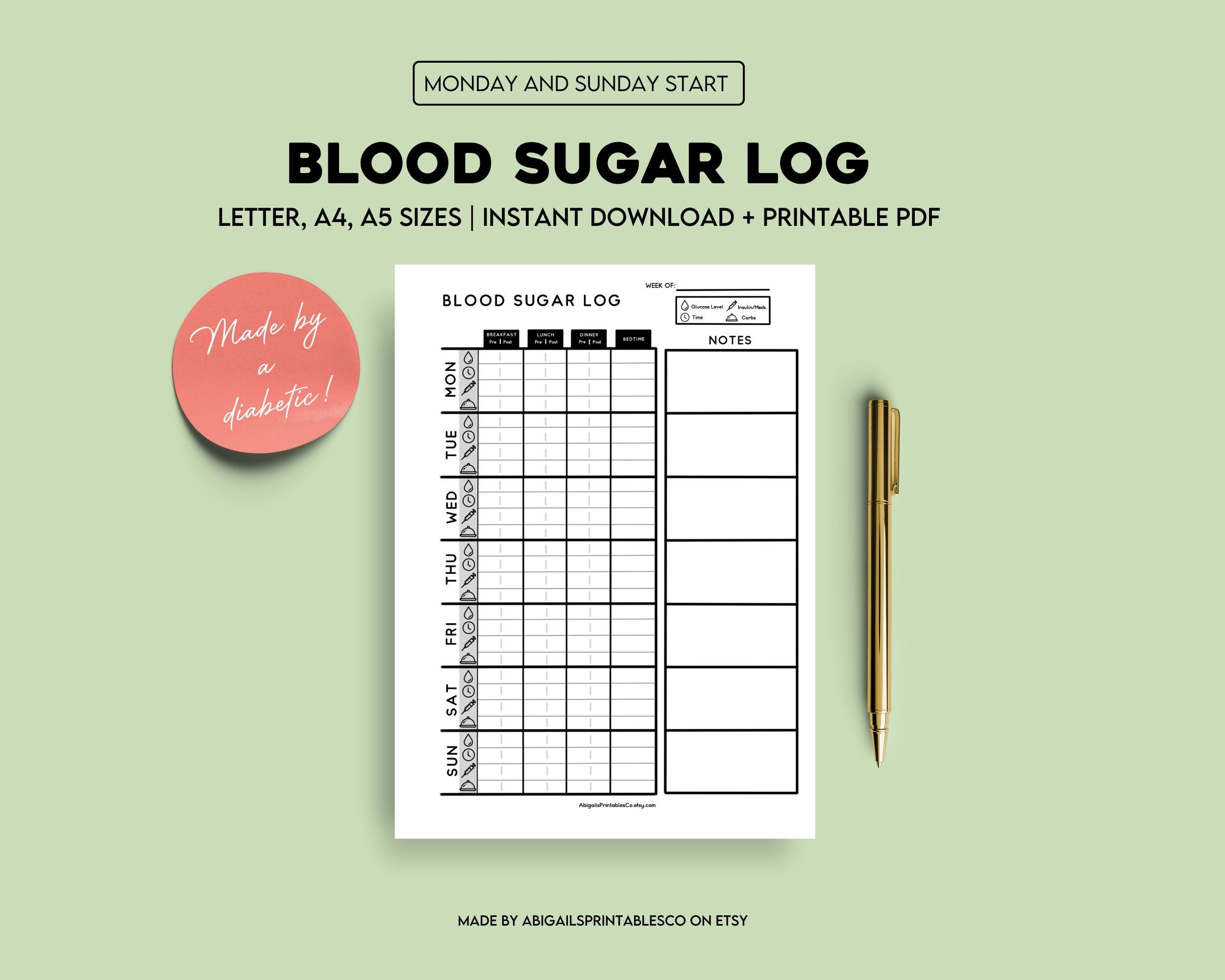 Weekly Blood Sugar Log Printable, Glucose Tracker, Diabetic Log Tracker ...