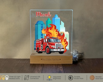Personalized Fire Engine Truck Night Light Gift for Boys Bedroom Decor | Child Name on Fire Truck Lamp For Birthday & Christmas Kids Gifts