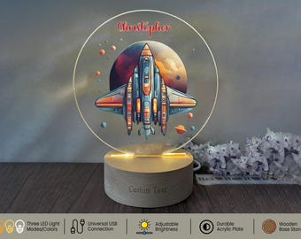 Personalized Spaceship Night Light Gift for Boys Bedroom Decor - Custom Boy Name on Nightlight Lamp, Perfect Birthday and Christmas Gift