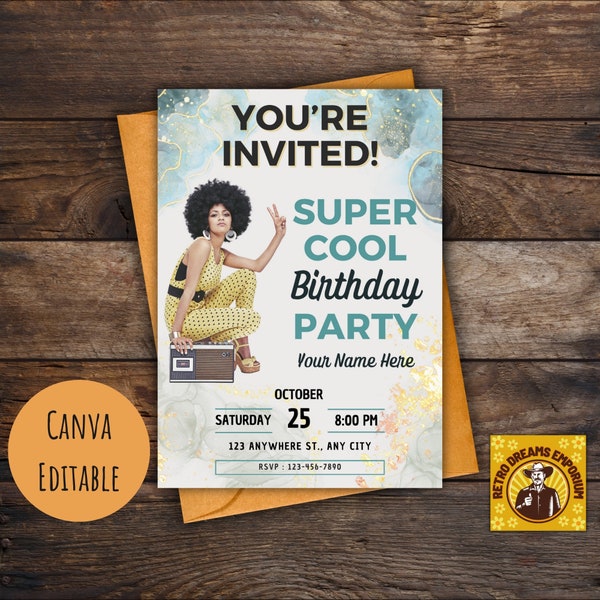 Groovy Birthday Party Invitation Template, 1970s Retro Cool Design, Printable Digital Download, Instant Editable Invite, Cheap 5x7 Card