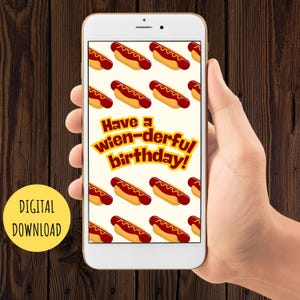 面白いホットドッグの誕生日Eカード、しゃれのデジタルグリーティング、食べ物好きへのギフト、インスタントダウンロードカード、テキストメッセージ、ソーセージパーティー、風変わりなユーモア