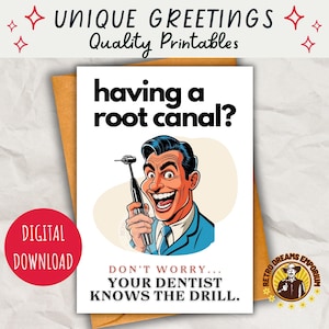 Cartão de canal radicular para impressão, RTC odontológico, procedimento endodôntico, trocadilho com dentista, cartão de melhoras, humor dentário, presente de consultório médico, diversão maluca