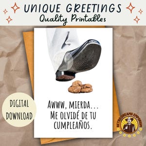 スペイン語の面白い遅い誕生日カード、Tarjeta Cumpleaños Atrasado、印刷可能なカード、スペイン語のユーモア、Chiste Gracioso、Olvide Tu Cumpleaños