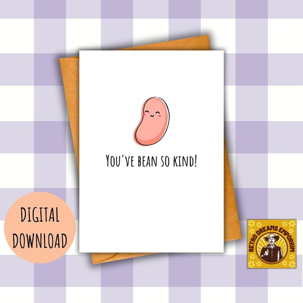 Printable Cute Thank You Card, Happy Bean Style, Punny Pun Message, Cute Foodie Fun, Digital Download, 5x7 Greeting Card, Printable Envelope