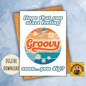 Cartão de melhoras retrô, estilo hippie dos anos 70, cartão de recuperação solar Groovy para impressão, Flower Power vintage, download Feel Better Soon, item de presente barato