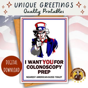Carte de coloscopie | Oncle Sam drôle à imprimer | Guérir bientôt | Humour patriotique d'hôpital | Cadeau pour ami gastro-santé | Dépistage du cancer du côlon