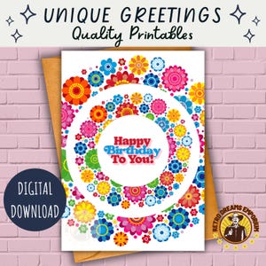 Retro Blumen Geburtstagskarte, druckbares Vintage Blumenmuster, Groovy Flower Power Print, kräftige Farben Grußkarte, für Mama, Mama, Frauen, Sie