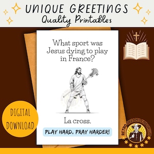 Carte de crosse Jesus Meme imprimable | Cadeau de remerciement pour entraîneur de crosse | Blague drôle d'église | Note de dernière minute de fin de saison | Prière de l'athlète