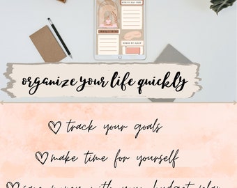 May include: A digital planner on a tablet with the text "be your best self" and "SELF CARE PLANNER" on the screen. The planner has sections for "Acts of Self Care", "Track Your Goals", "Hours of Sleep", and "Gratitude Page". The text "organize your life quickly" is written below the tablet. The image has a pink and white background with a heart symbol and the text "track your goals", "make time for yourself", "save money with your budget plan", and "be mindful with the gratitude page" written below the tablet.