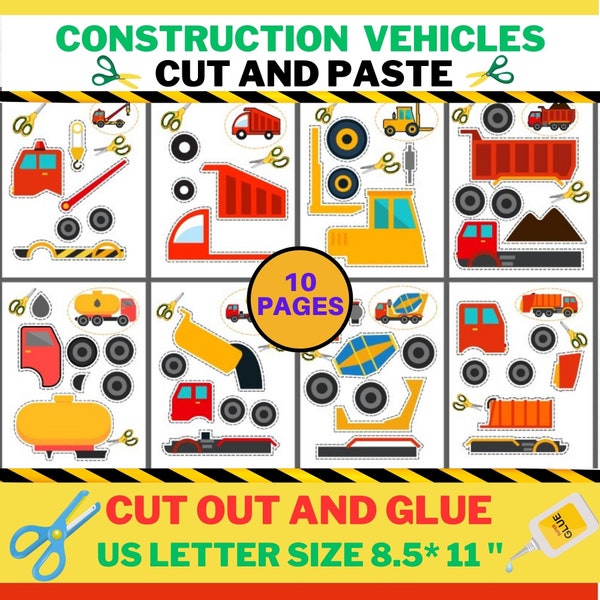 Construction Trucks Vehicles Cut and Paste Activity for Kids, Preschool, Scissor Skills , Kindergarten, Back to School Printable Workbook