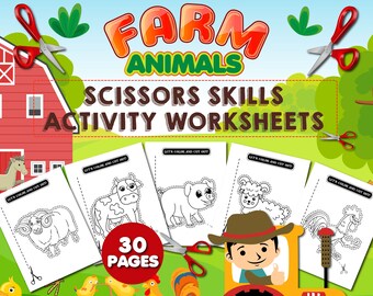 Farm Animals Scissor Skill Coloring Pages for Kids, Toddlers, Preschoolers, Boys and Girls, Cute Printable Pages Cutting Practice Workbook