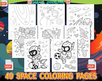 May include: A set of 40 black and white space-themed coloring pages. The pages feature astronauts, rockets, planets, stars, and other space-related imagery. The pages are perfect for kids who love space and coloring.