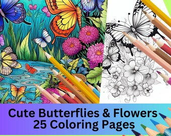 Cute Butterflies, Dragonflies, and Flowers Coloring Pages, 25 Adult Coloring sheet,  Printable PDF instant Download