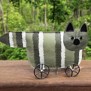 Folk Art Tin Green Cat on Turning Wheels Mary and Dawson Gillaspy Naive Crafts & Tinsmith North Wales PA, Folk Art Tin Decor, Cat Lover Gift