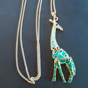 Enamel Giraffe Long Jointed Pendant Necklace Green and Turquoise, Gold Tone Vintage Enamel Giraffe, Vintage Animal Jewelry
