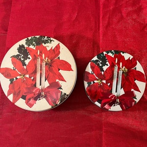 Two Vintage Christmas Nesting Tins with Poinsettias, Holly Berry and Candles, Christmas Cookie Tins, Nostalgic Christmas, Retro Holiday Tins