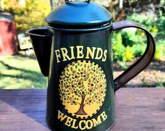 Primitive Friends Welcome Candle Holder Crazy Mountain Exclusive Designs, Rustic Decor, Metal Pitcher Candle Holder w Primitive Apple Tree
