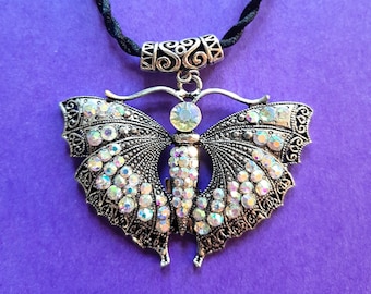 Vintage Large Butterfly Pendant with Aurora Borealis Crystals on Chord Chain, Sparkling Butterfly Choker, Retro Costume Jewelry