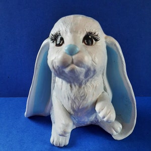 Vintage Ceramic Lop Eared Bunny Figurine w Blue Ears, Retro White Floppy Eared Rabbit w Long Eyelashes, Easter Decoration, Spring Decor