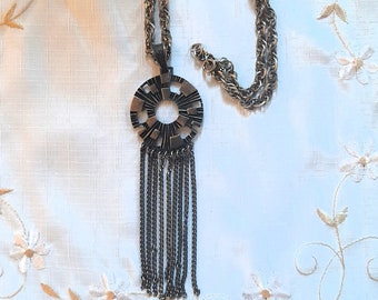 Vintage Sarah Coventry Bronze Tassel Pendant Necklace: 1970s Brutalist Medallion