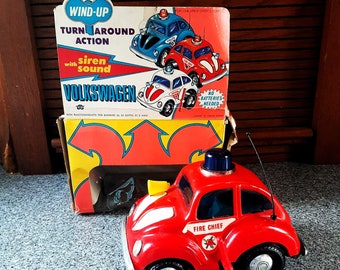 Wind Up Volkswagen Fire Chief Beetle w Siren Sound and Turnaround Action Wonderfun Hong Kong, Retro Wind Up Car,  Vintage Wind Up Toy