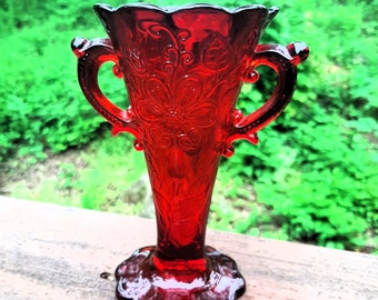 Vintage Red Glass Double Handled Vase with Pressed Flowers and Leaves, Collectible Ruby Red Glass Vase, Red Glass Vase with Floral Design