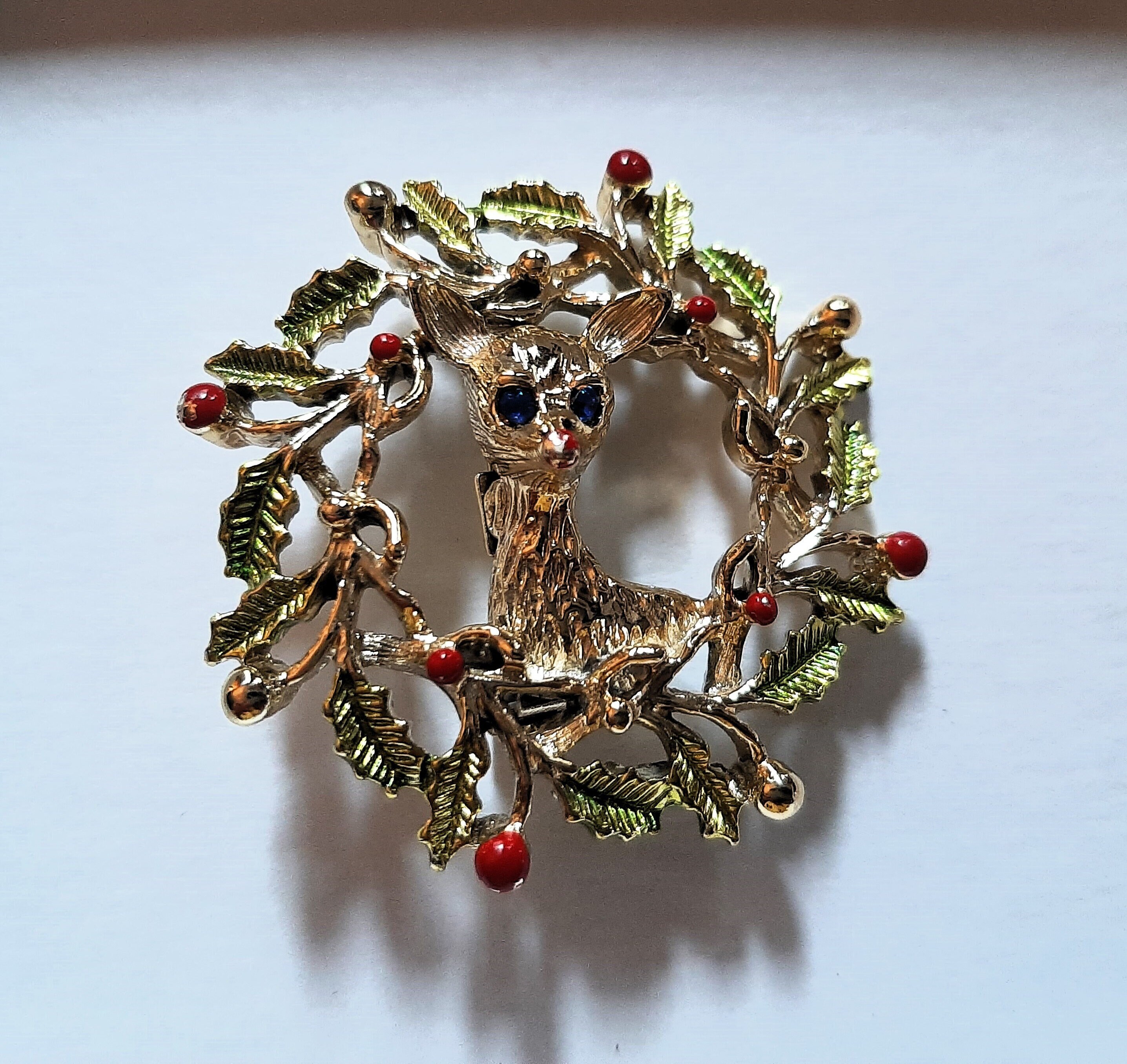 Vintage Reindeer in Wreath Pin Signed Gerry's, Gerry's Gold Tone Rudolph Brooch in Hollyberry Wreath, 1960's Christmas Costume Jewelry