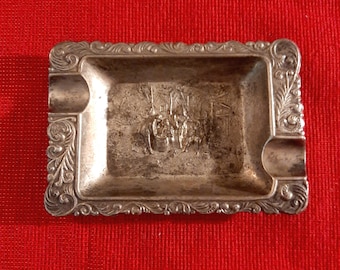 Hans Jensen Silverplate Repousse Ashtray with or Pub or Wine Making Scene Made in Denmark, Vintage Embossed Silver Plate Scenic Ashtray