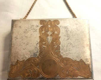 Art Deco 1920's Double Sided Compact Purse Silver with Bronze Scroll Design, Vintage Powder Lipstick Vanity Purse Unique Design