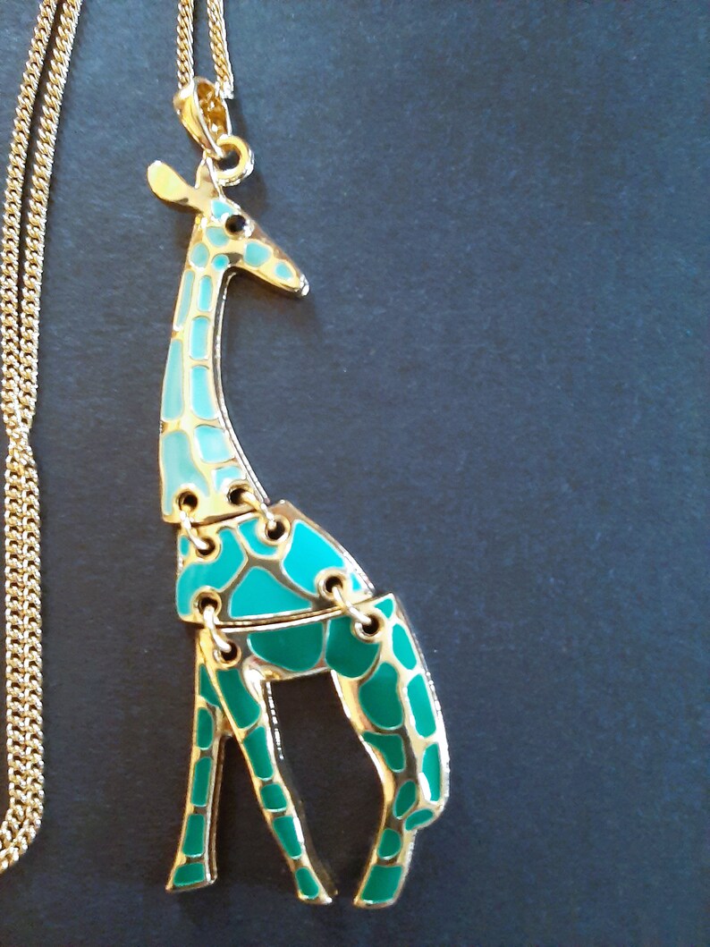Enamel Giraffe Long Jointed Pendant Necklace Green and Turquoise, Gold
