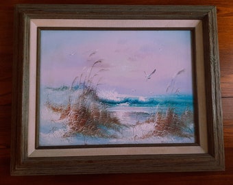 Vintage Framed Seascape Oil on Canvas Painting Signed S. Thomas w Crashing Waves and Pink Sky, Beach House Wall Hanging