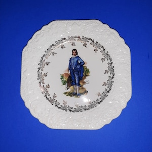 Puede incluir: Plato de cerámica blanco con borde dorado y diseño floral. El centro del plato presenta una ilustración colorida de un niño pequeño con un traje azul y una camisa blanca. El texto "Robin Hood" está impreso debajo de la ilustración.