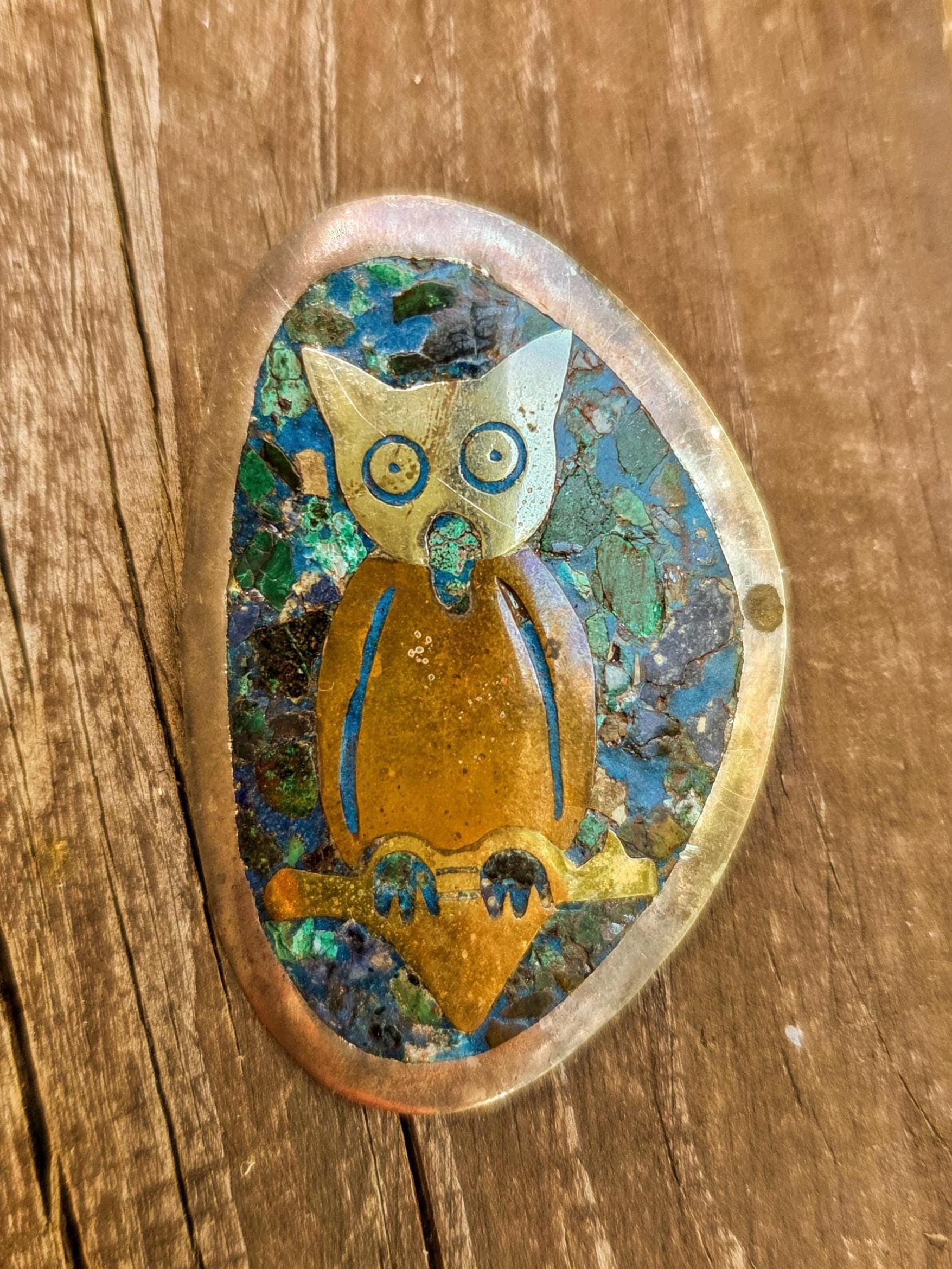Sterling Silver Owl Brooch: Metales Casados Mexico Inlay Pin