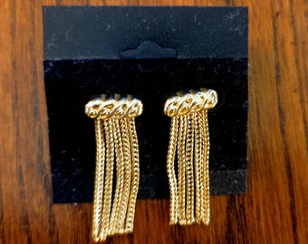 Vintage Shiny Gold Toned Multi Strand Tassel Earrings:  Retro Dangle Chains Earrings