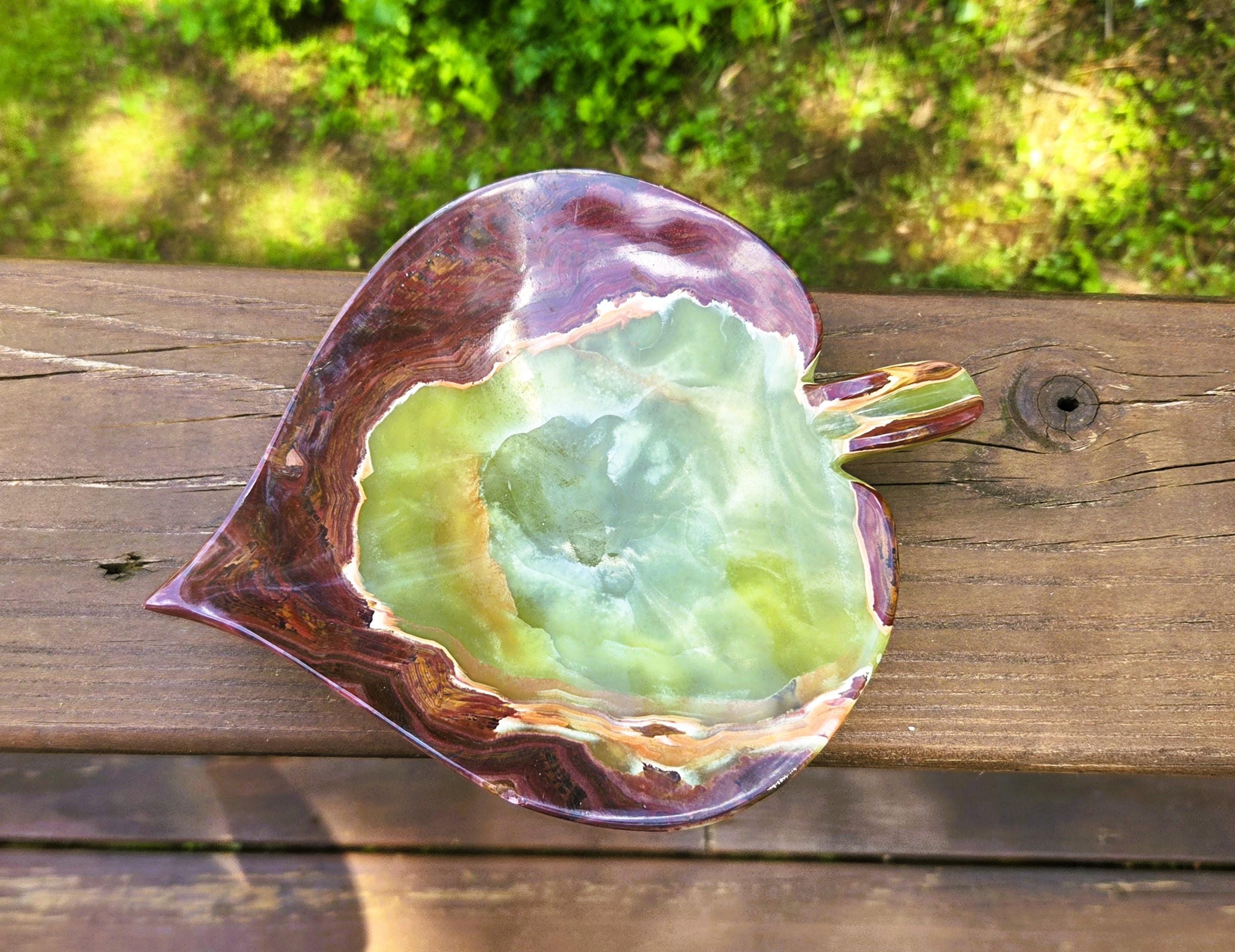 Beautiful Green Onyx Handled Heart Candy Bowl, Vintage Green Onyx Leaf Bowl w Handle, Spade Shaped Green Onyx Dish, Green Brown and Orange