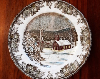 The School House The Friendly Village 9.75" Dinner Plate by Johnson Bros Made in England, Glazed Hand Engraved Christmas Snowing Scene Plate