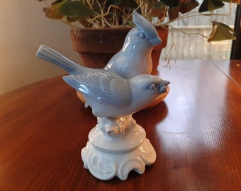 Gerold Purzellan Two Birds on Branch Figurine Bavaria Western Germany Vintage Blue White Birds