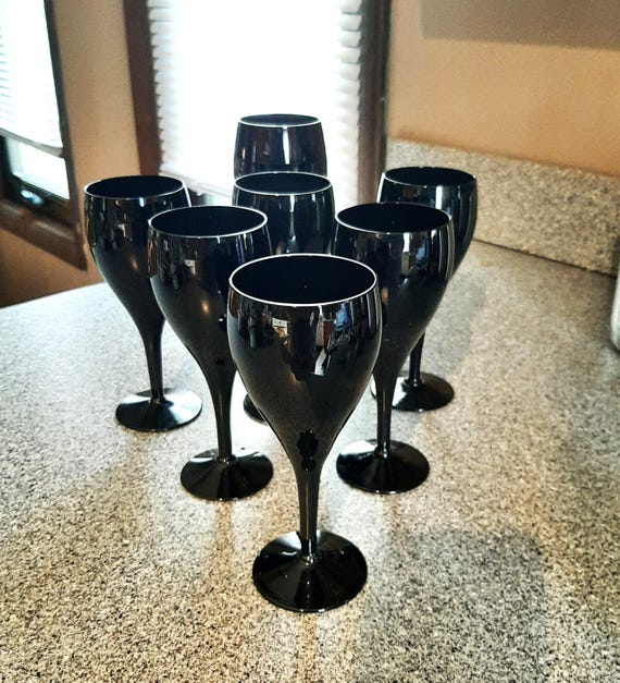 Vintage Black Glass Stemware: Mid-century Modern Barware Set