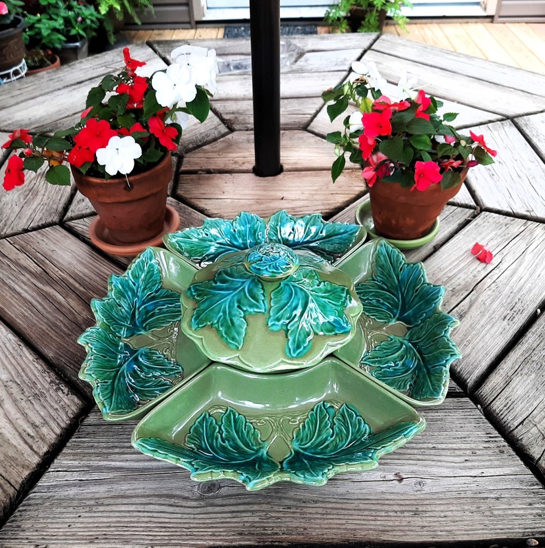 Mid Century California Pottery Green Leaf Chip and Dip Set 855 Etsy