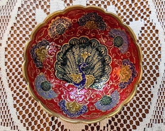 Vintage Indian Solid Brass Enameled Trinket Dish w Colorful Peacock & Feathers:  Hand Painted Etched Brass Bowl Scalloped Edge India
