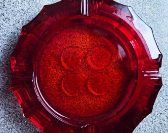 Vintage Fostoria Coin Ruby Red Glass Ashtray:  Patriotic Retro Trinket, Candy or Rose Bowl