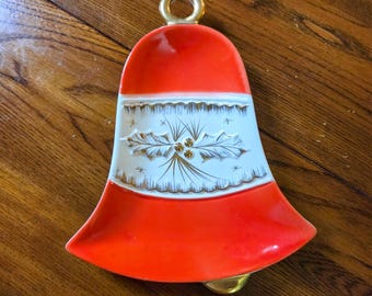 Holt Howard 1964 Red and Gold Christmas Bell Plate, Red Bell w Gold Holly Plate, Vintage Christmas Tableware, Christmas Bell Candy Dish