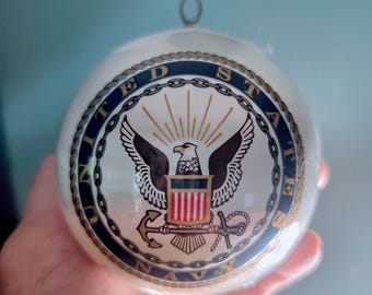 United States Navy Satin Bulb Christmas Ornament w Logo Eagle, Shield & Anchor Campus Unlimited:  Vintage Military Decoration